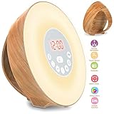 Holz Wake Up Licht, Lichtwecker Coulax Wecker Sonnenaufgang Mit 6 Natürlichen Sounds FM Radio Snooze Funktion, Verblassenden Nachtlicht Mit 7 Farben Nachttischlampe Holzmaserung, Touch Control